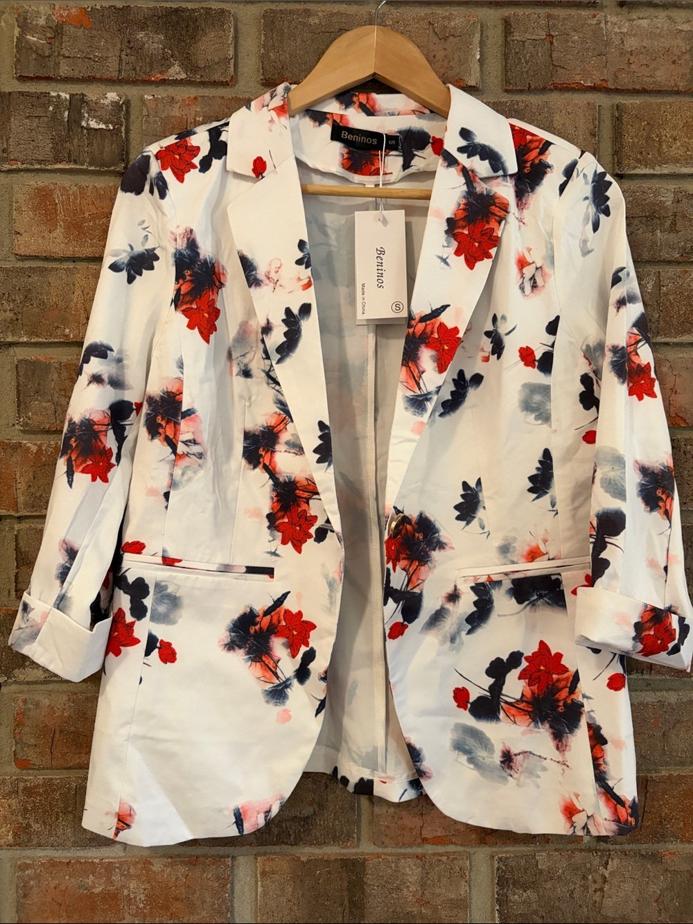 White Floral Blazer with Red & Navy Print